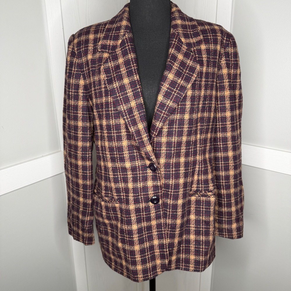 Vintage Worthington Plaid Blazer Women 12P Navy‎ Tan Wool Blend Academic Jacket